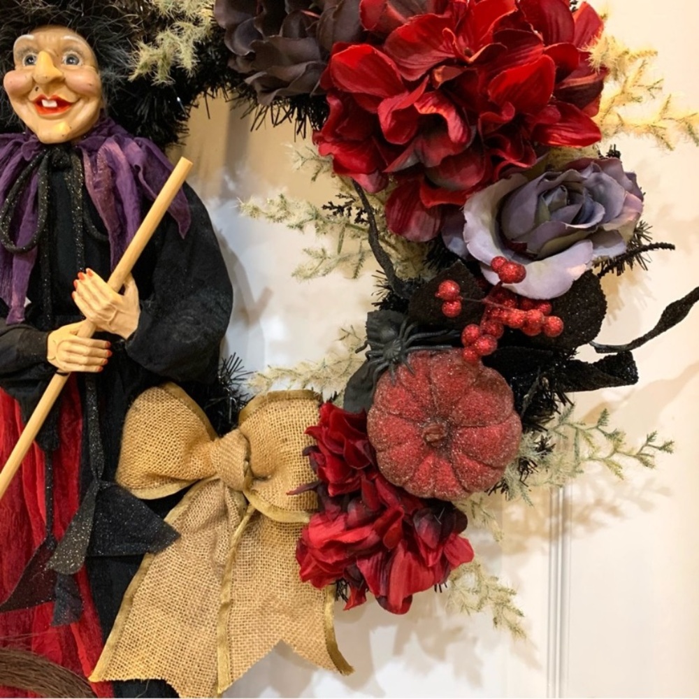 Hand crafted spooky season witch wreath with red and purple floral - Picture 4 of 6